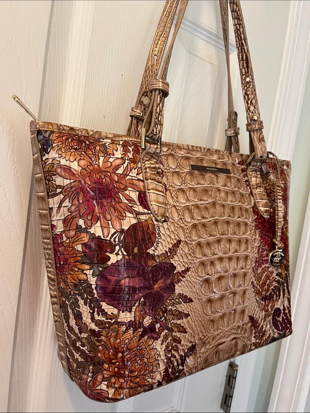 NWT~Brahmin Floral Embossed Croc-Effect Tote w/ Metalic Gold Accents